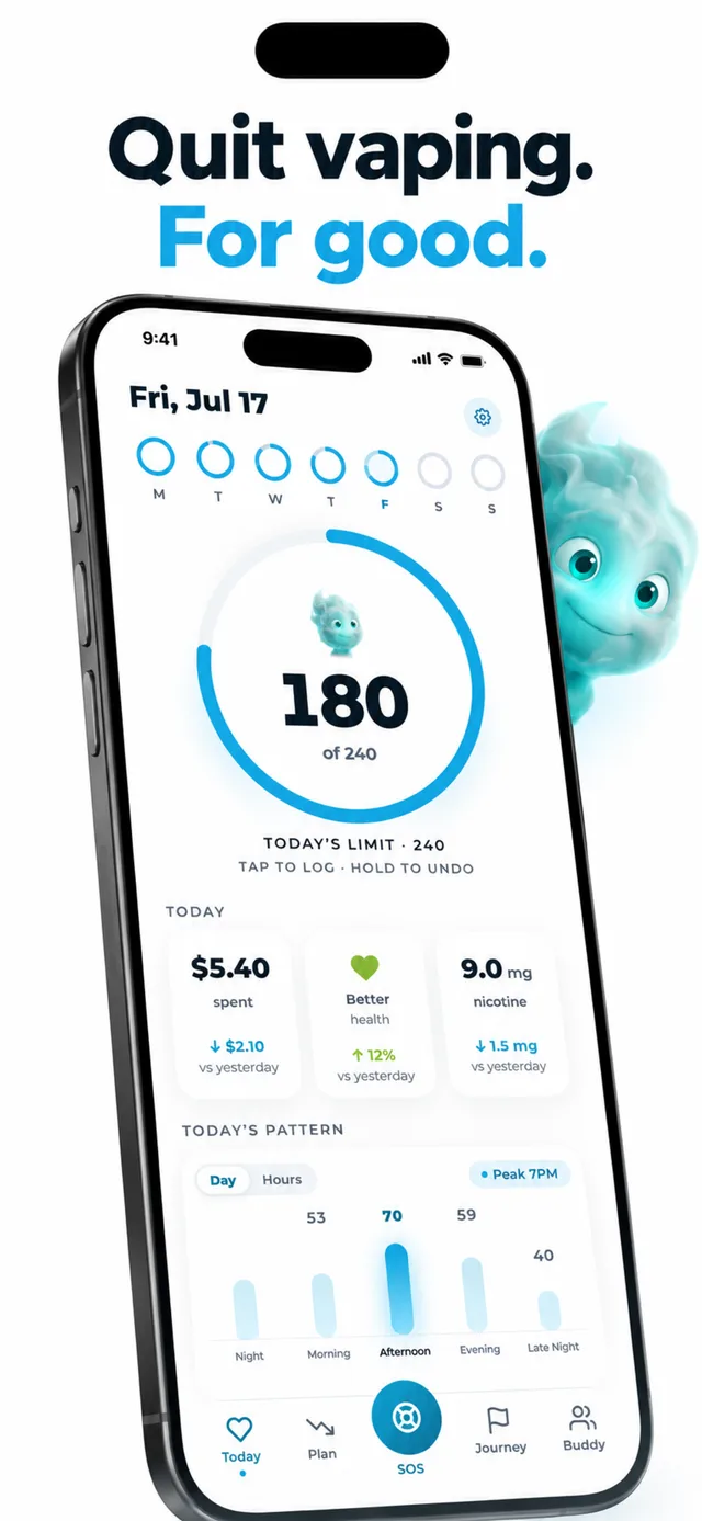 Aeris Today screen with daily puff count, money spent, health, and nicotine stats