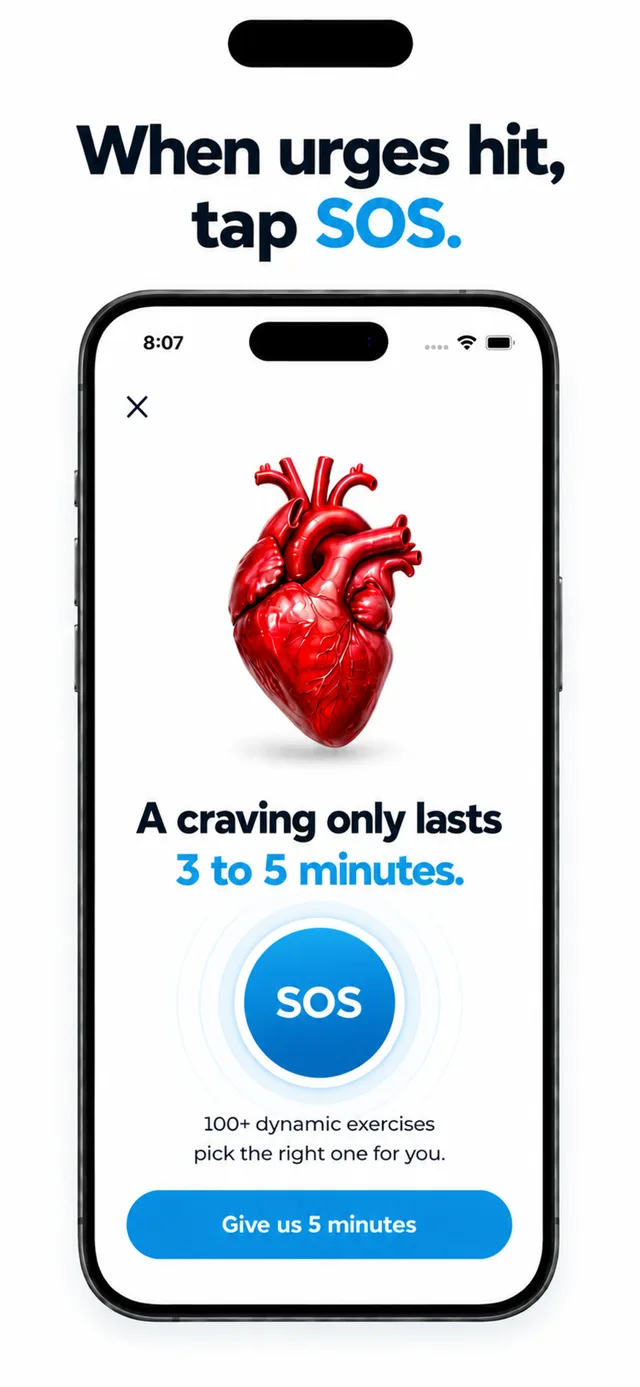 Aeris SOS craving-rescue screen: a craving only lasts 3 to 5 minutes, with an SOS button and guided exercises