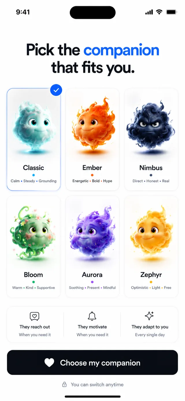 Aeris companion picker with six characters: Classic, Ember, Nimbus, Bloom, Aurora, and Zephyr