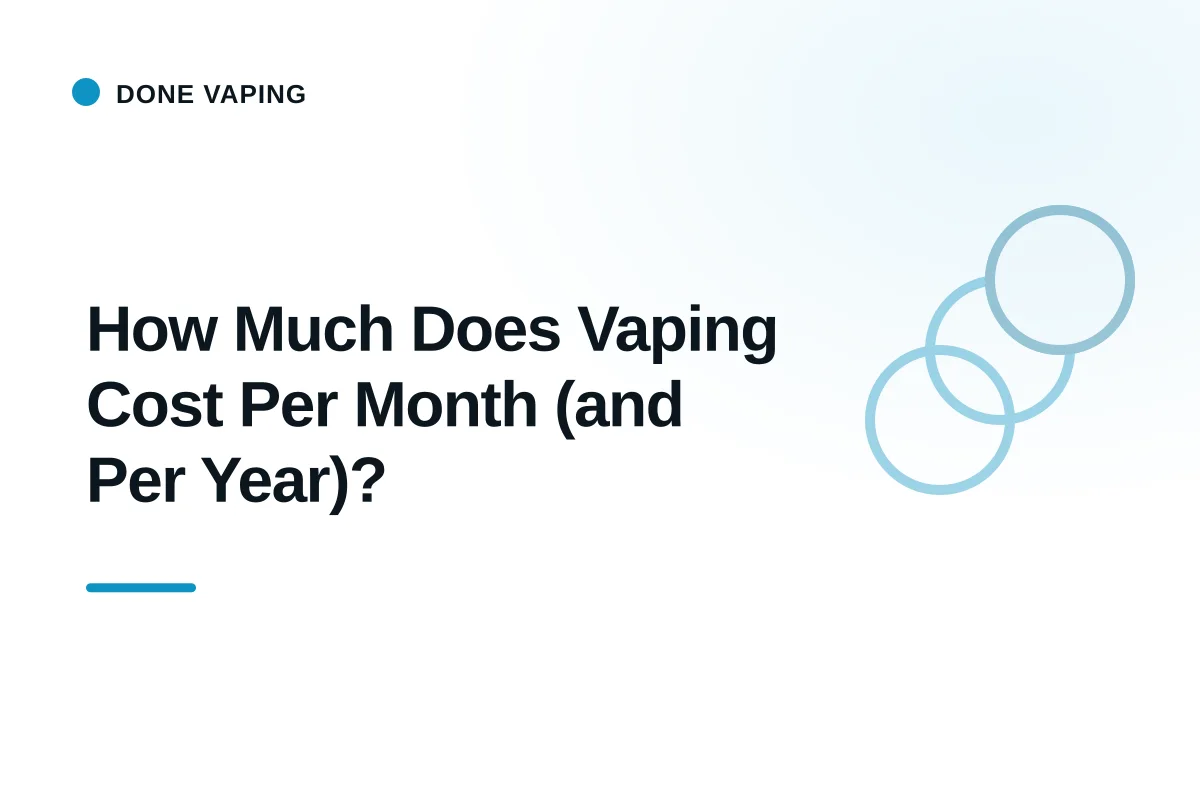 A table with a vape device, disposable vapes, a calculator, and scattered coins and bills showing the cost of vaping