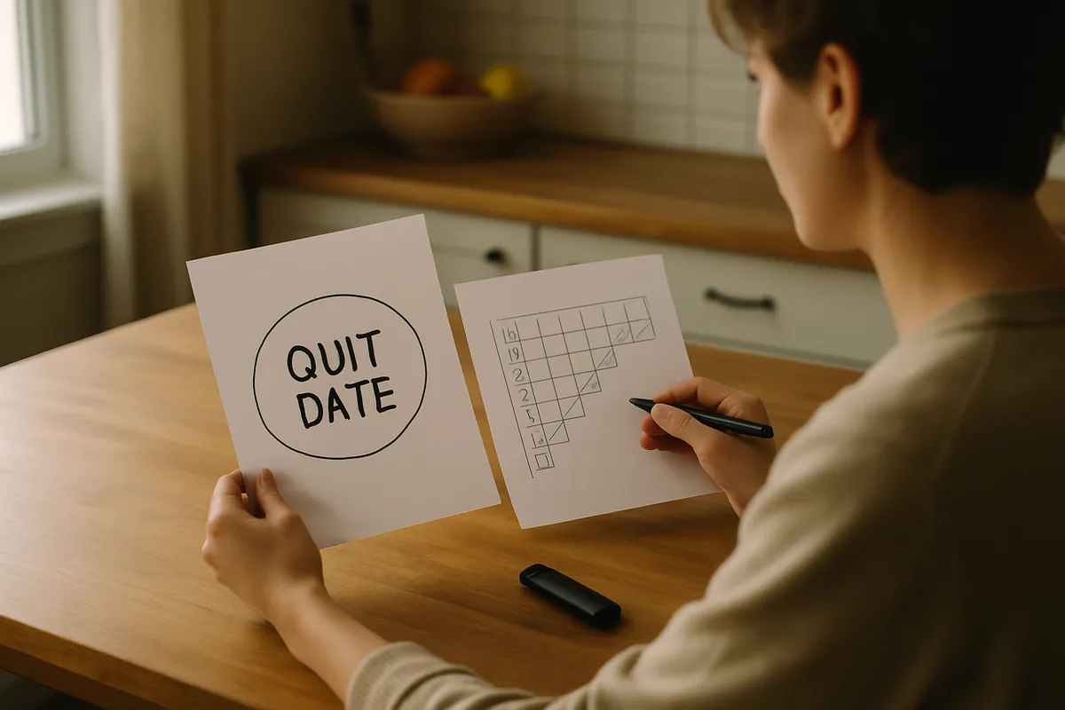 Person at a kitchen table comparing two written plans to quit vaping, one labeled cold turkey and one tapering schedule