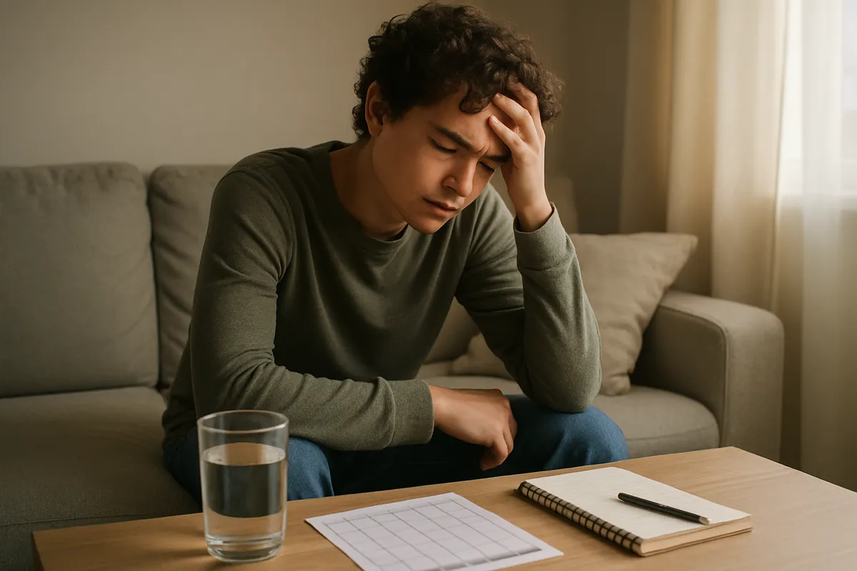 Person sitting on a couch, holding a calendar and rubbing their temple, showing discomfort from vaping withdrawal symptoms